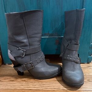 Vanity Gray Mid-Calf Buckle & Stud Heeled Boots